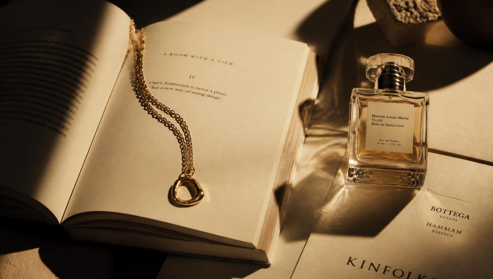 Composición editorial con libro, collar y perfume